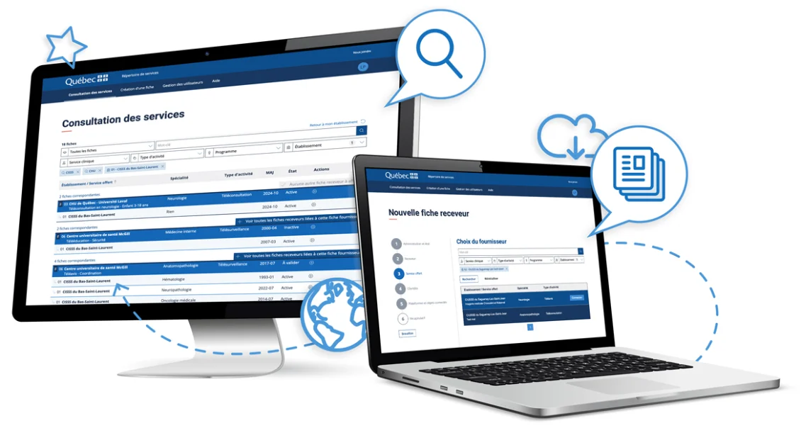Montage visuel avec éléments graphiques montrant le répertoire de services à l’écran d’un ordinateur de bureau et d’un ordinateur portable.