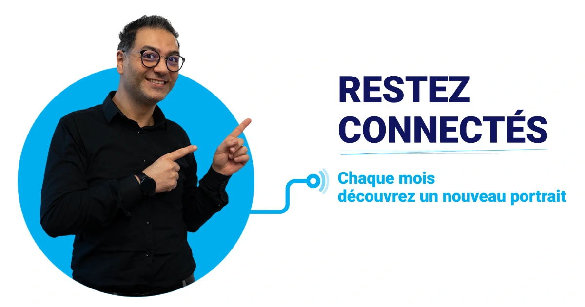 Portrait de Khalifa Hertelli avec les mots « Restez connectés – Chaque mois un nouveau portrait ».